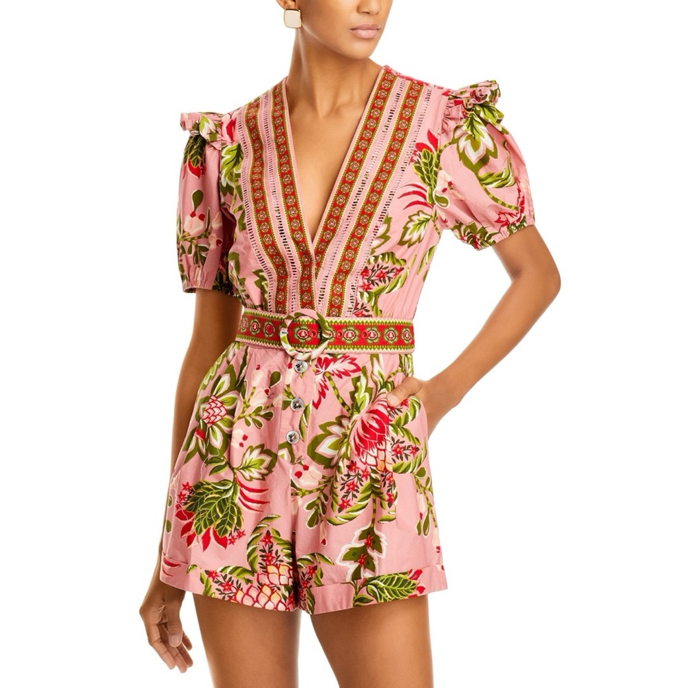 FARM Rio Pink Tropical Print Belted Romper